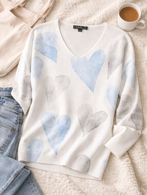 “Charlie B Heart Sweater V-Neck | Soft Knit Blue Gray Print | Cozy Chic Size S”